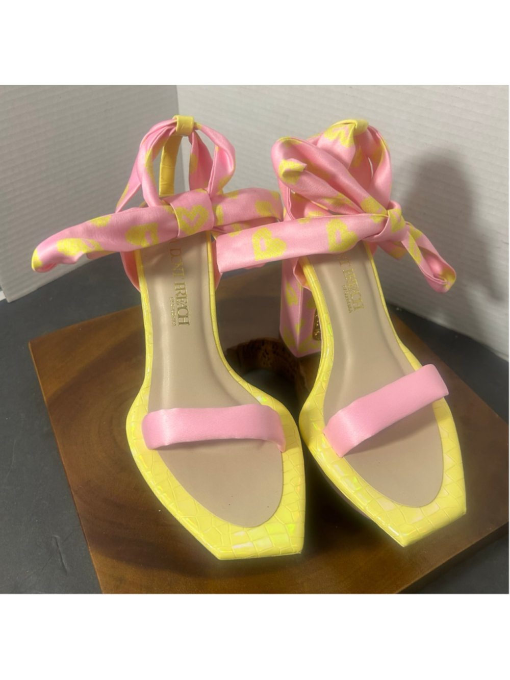 PAPA Dont Preach Satin Hearts Block Platform Heels Coquette Whimsy Ribbon Tie
